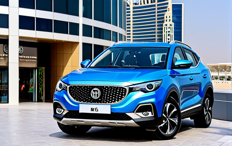 MG ZS EV - Luxury & Technology Focus**
"A stylish MG ZS EV parked in front of a modern shopping mall in Dubai, UAE. The car is metallic blue, showcasing its sleek design and panoramic sunroof. Focus on the interior details visible through the windows – luxurious leather seats and a large infotainment screen. Capture the vibrant city atmosphere in the background, with Burj Khalifa subtly visible. Safe for work, appropriate content, fully clothed, professional, family-friendly, perfect anatomy, natural proportions, professional photography, high quality."
**