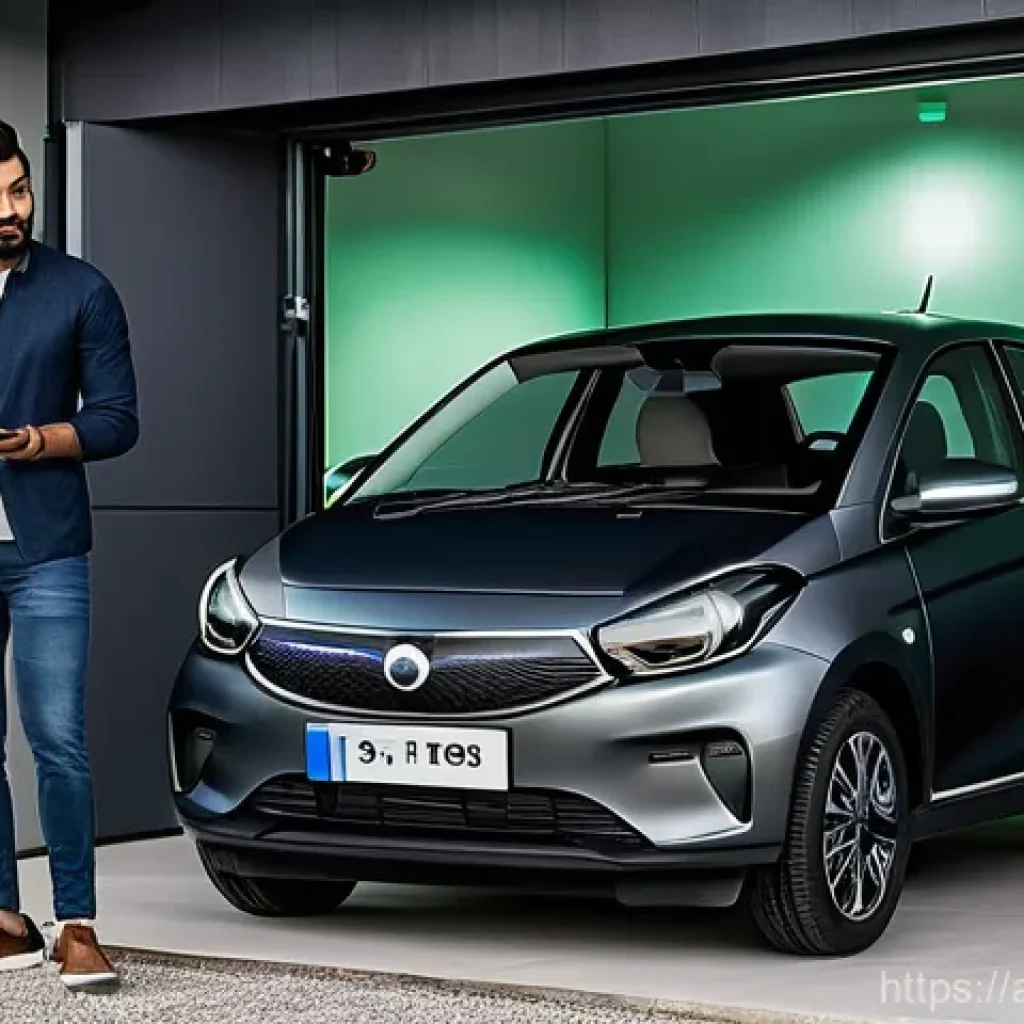 타타 티아고 전기차의 유지비 절감 방법 - **Smart EV Charging in a Modern Home Garage:** A sleek, dark grey Tata Tiago EV is parked in a clean...