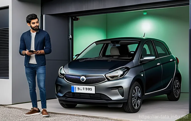 타타 티아고 전기차의 유지비 절감 방법 - **Smart EV Charging in a Modern Home Garage:** A sleek, dark grey Tata Tiago EV is parked in a clean...