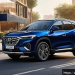 타타 하리아의 소형 SUV 시장 반응 - A modern compact SUV with sharp, dynamic lines and bold curves, painted in deep navy blue reflecting...