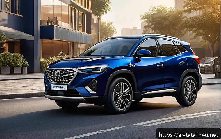 타타 하리아의 소형 SUV 시장 반응 - A modern compact SUV with sharp, dynamic lines and bold curves, painted in deep navy blue reflecting...