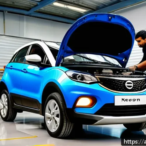 타타 넥슨 디젤의 유지보수 비용 - A detailed illustration of a Tata Nexon Diesel car undergoing routine maintenance at a professional ...
