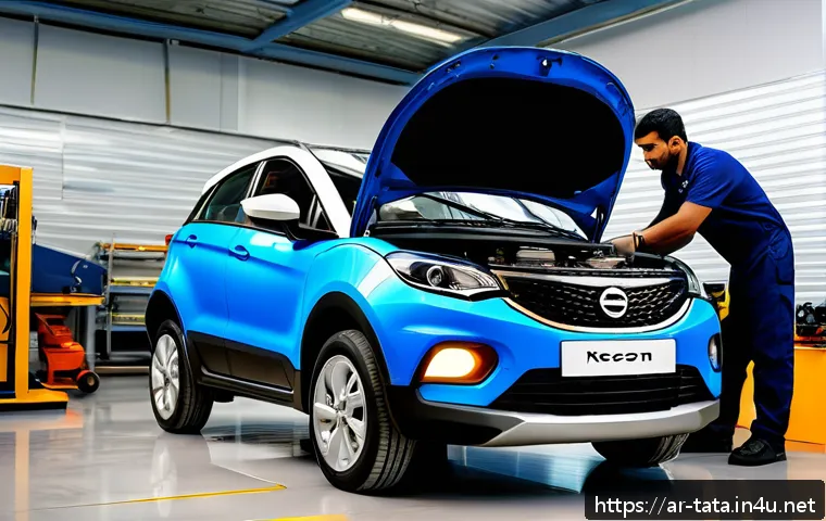 타타 넥슨 디젤의 유지보수 비용 - A detailed illustration of a Tata Nexon Diesel car undergoing routine maintenance at a professional ...