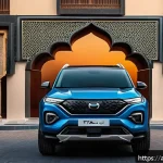 타타 하리아와 타타 하렉스의 비교 - A sleek, modern Tata HarrierX SUV parked on a bustling urban street in an Arabic city at dusk, showc...