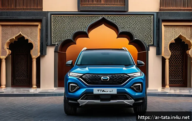 타타 하리아와 타타 하렉스의 비교 - A sleek, modern Tata HarrierX SUV parked on a bustling urban street in an Arabic city at dusk, showc...