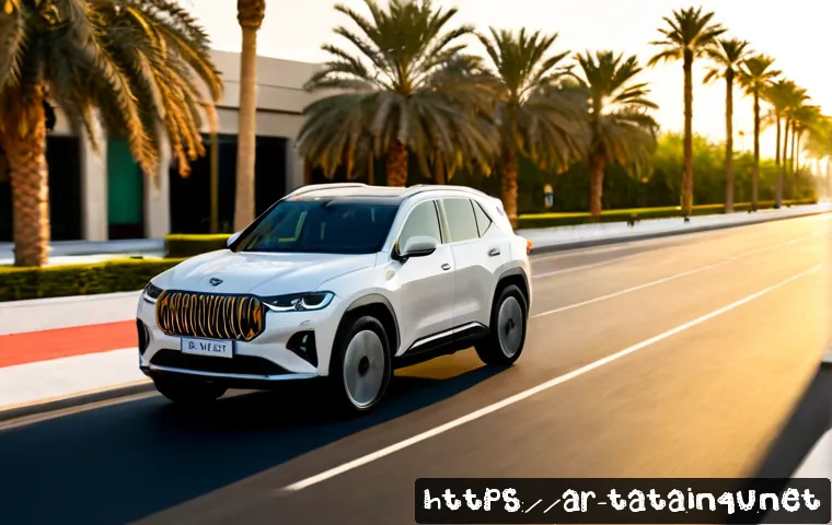 타타 넥슨 EV의 자율주행 기술 - Photorealistic compact electric SUV with no logos driving autonomously along a clean modern boulevar...